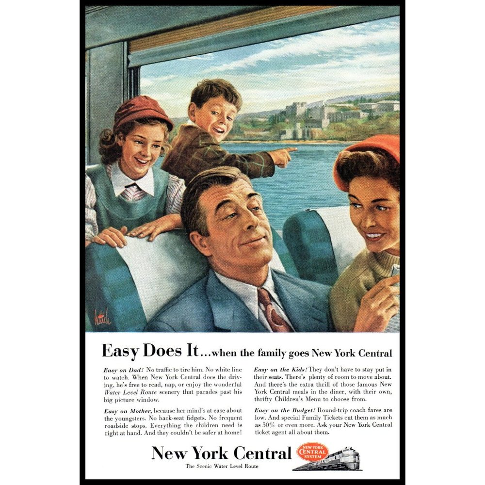 1953 New York Central Water Level Route Vintage Print Ad Family Trip River Art